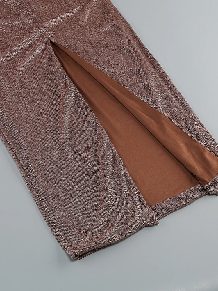 One Shoulder Draped Glitter Long Dress Brown Corset Sparkly Backless Bodycon Maxi Dresses Evening Gowns