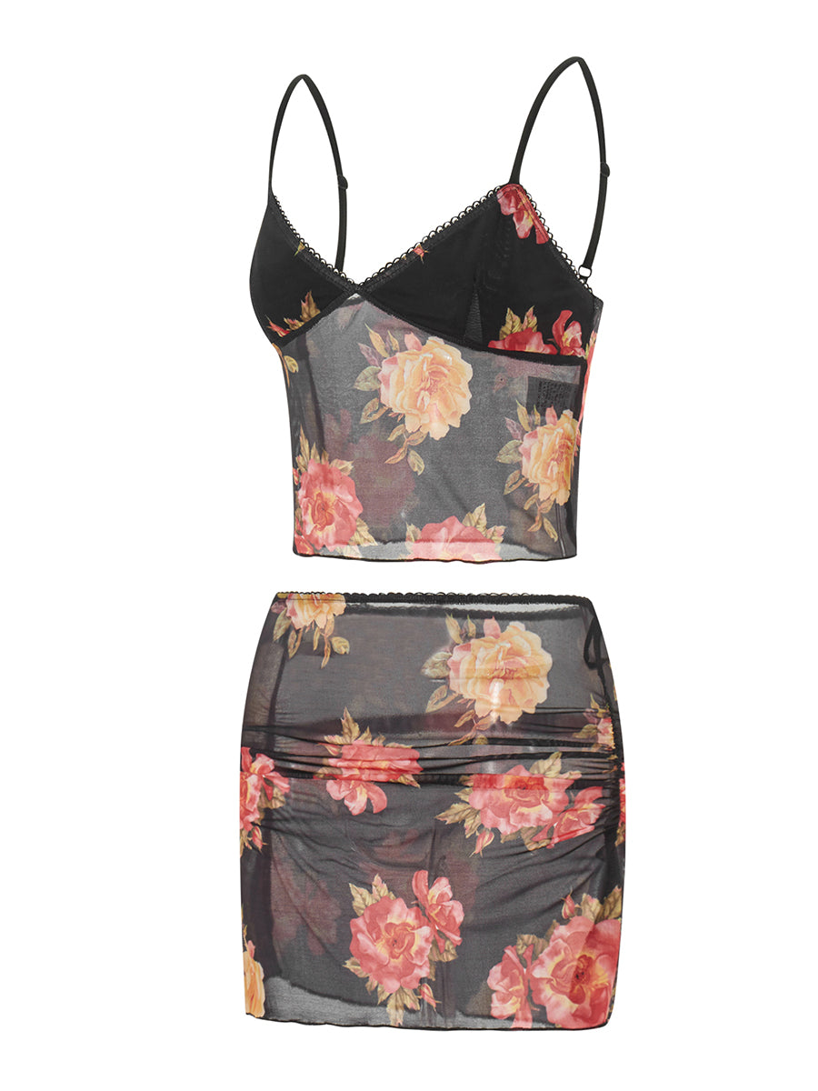 Sleeveless V Neck Low Cut Cami Top Elastic Waist Flower Print Mini Skirt 2 Piece