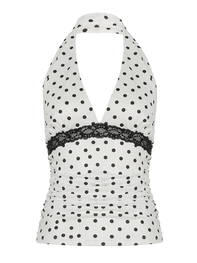 Lace Patchwork Slim Camisole Dot Print Backless Halter Bustiers wrat 's
