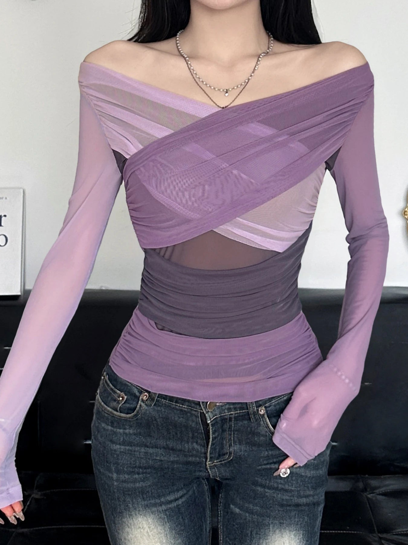Patchwork Asymmetry Slim Tee Shirts Long Sleeves V-neck 's
