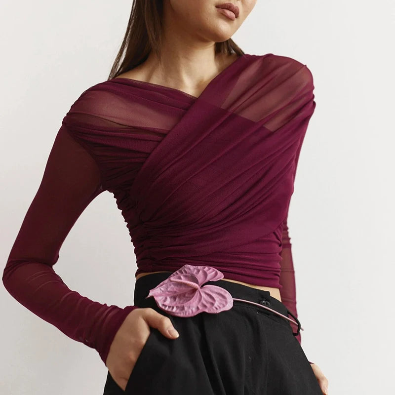 Cross Neck Crop Top Solid Color Mesh See Through Pleat Long Sleeve T-Shirt