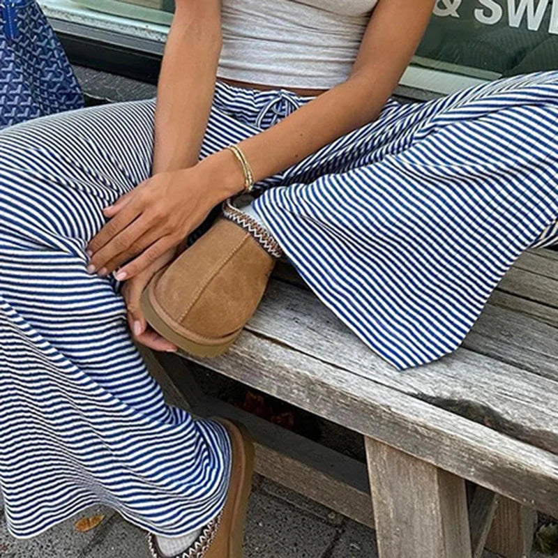 Striped Print Loose Pants Lace-up Trousers Bottoms