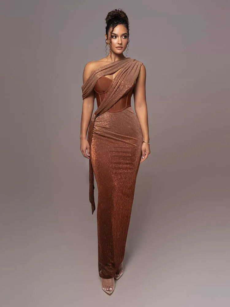 One Shoulder Draped Glitter Long Dress Brown Corset Sparkly Backless Bodycon Maxi Dresses Evening Gowns