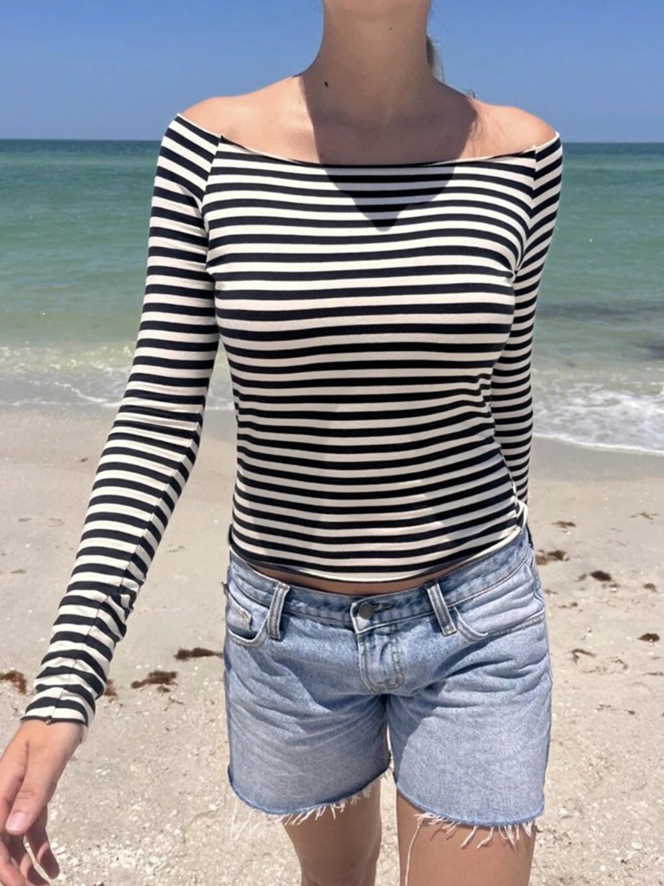 Slah Neck Strip Shirt Long Sleeve Crop Top Slim