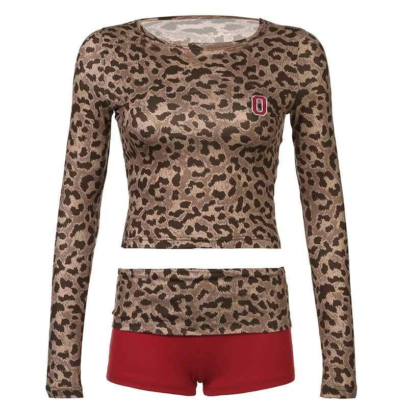 Crewneck Two Pieces of Sets Leopard Print Tee Shirts anf Patchwork Shorts 's Slim