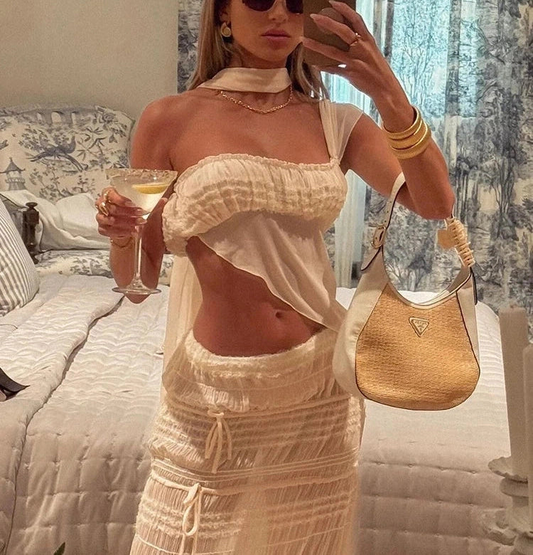 See Through Two-Piece Set Scarf Strapless Top Mesh Irregular Hem Multi-Pleated Skirt Matching Pretty Suits