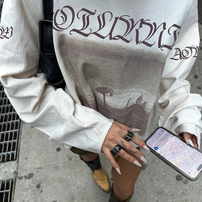 Graphic Print Oversized Sweatshirts Crewneck Loose