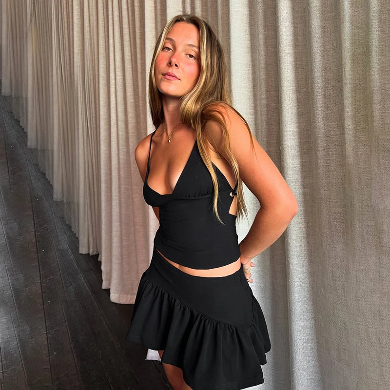 Tie Rope Pleat Hollow Out Big Backless Halter Top Low Wait Package Hip Ruffle Skirt Set