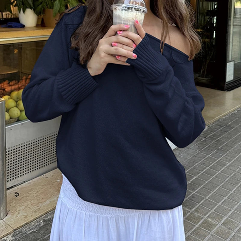 Skew Collar Knit Pullovers Loose Sweaters All-match 's