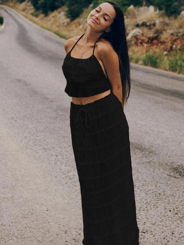 Mesh See Through Backless Two Piece Set