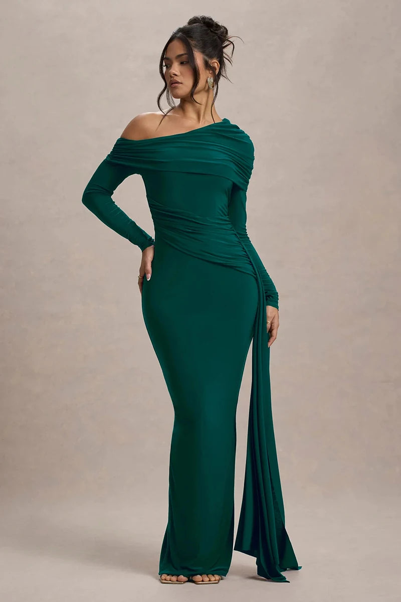 Skew Collar Long Sleeve Maxi Dress Gown Backless Draped Ruched Bodycon Long Dress