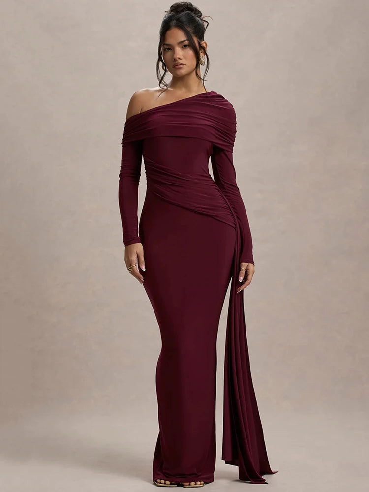 Skew Collar Long Sleeve Maxi Dress Gown Backless Draped Ruched Bodycon Long Dress