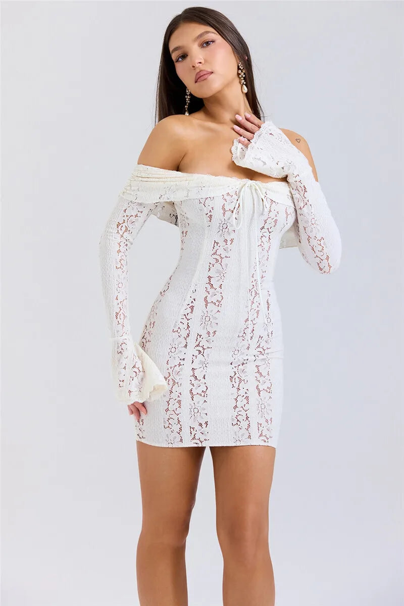 Lace Off-shoulder Maxi Dress Strapless Backless Long Sleeve Bodycon Evening Long Dress