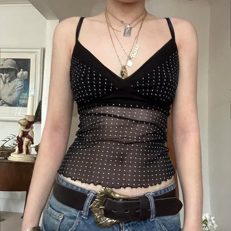 Dot Print Crop Bustiers V-neck Transparent Patchwork Sleeveless Camisole Backless