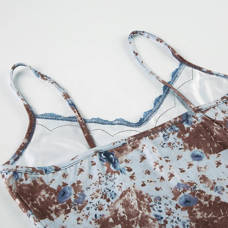 Floral Print Lace Sleeveless Camisoles Slim Backless Top