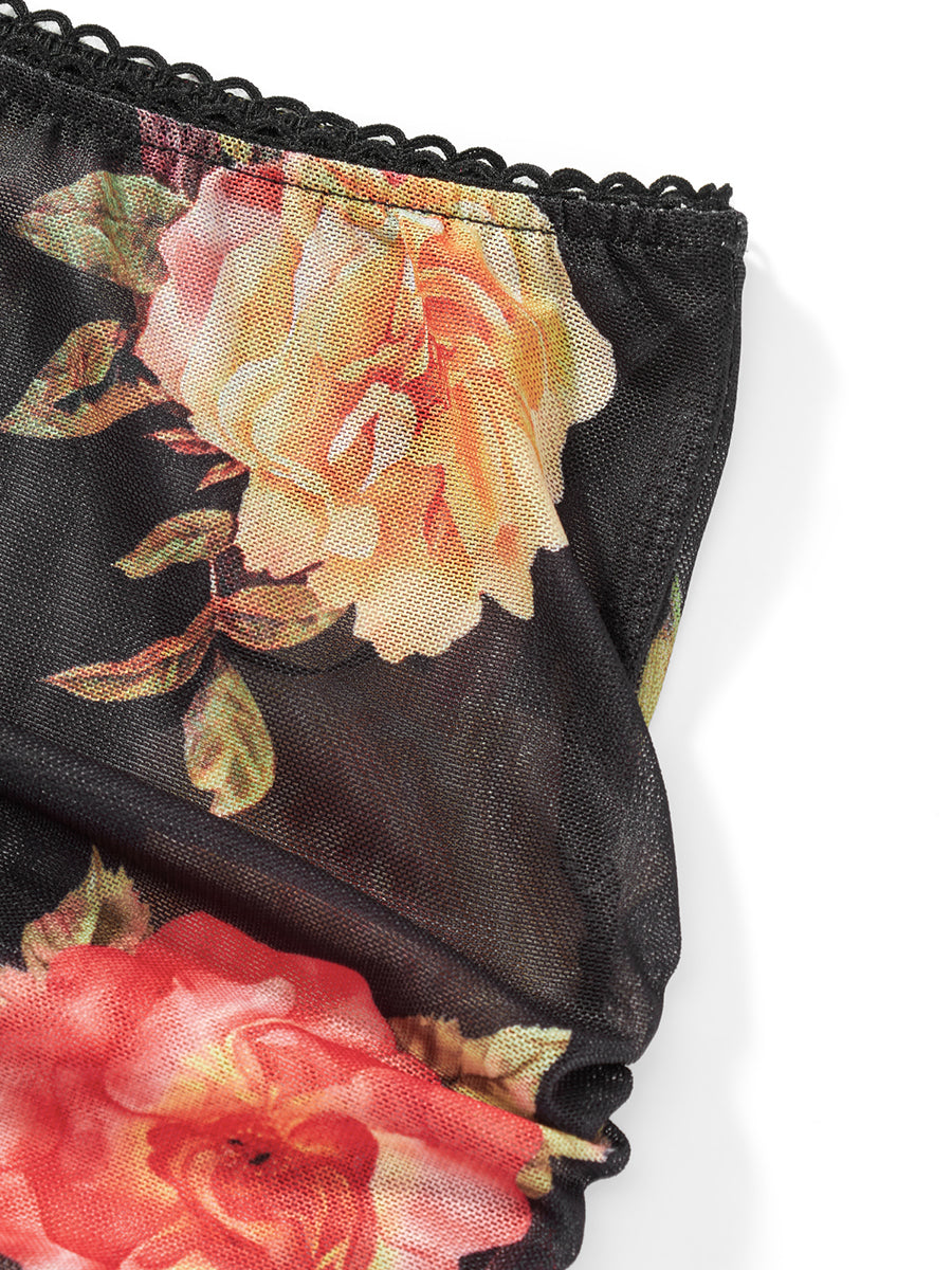 Sleeveless V Neck Low Cut Cami Top Elastic Waist Flower Print Mini Skirt 2 Piece