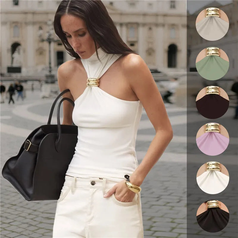 Turtleneck Knit Tank Top Vest Pullovers Metal Ring Camisole Sleeveless Knitted Top Cropped Top