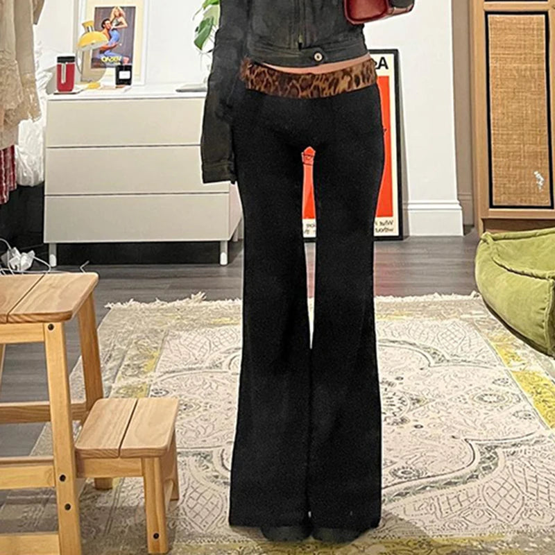 Leopard Print Patchwork Flare Pants Low Waisted 's Bottoms Retro Trousers