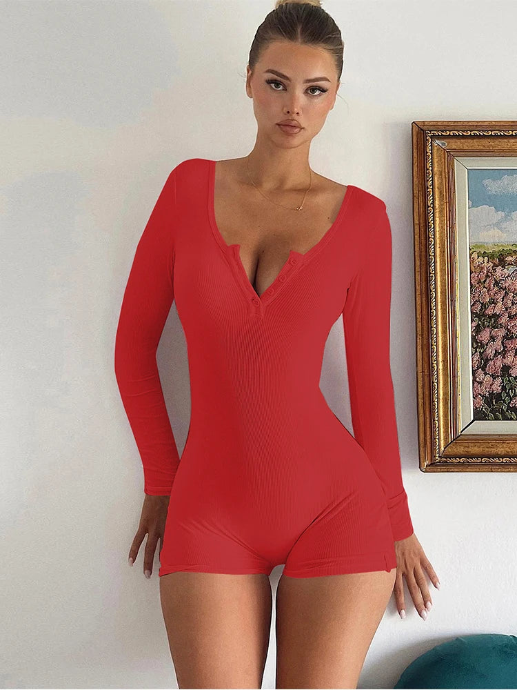 Long Sleeve Playsuits Solid Bodycon Jumpsuits Rompers Workout Sport