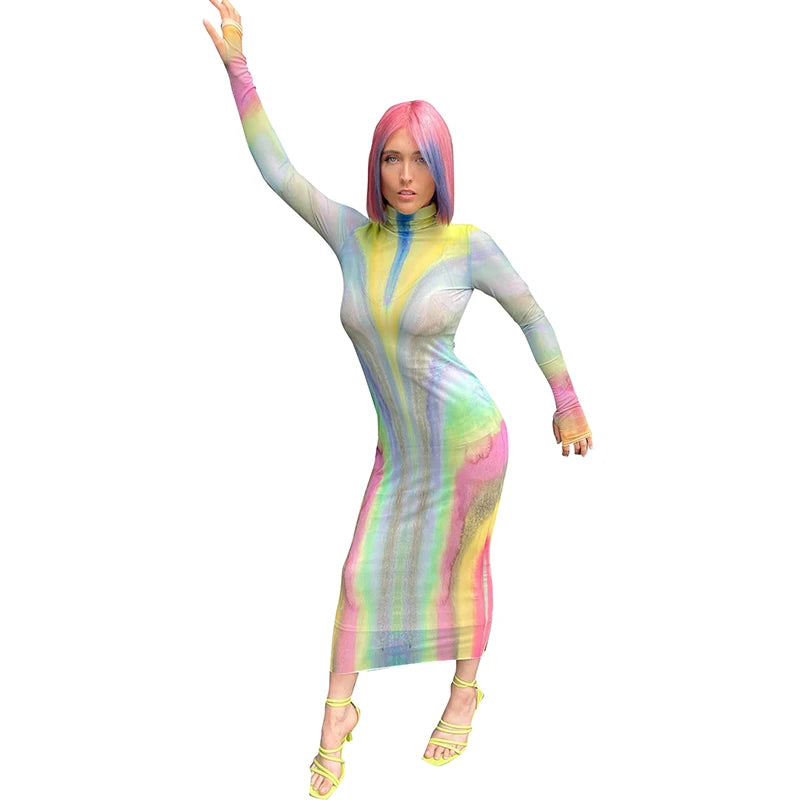 Multi- Long Sleeve Tight Slim Dress Meh See Through Collar Rainbow Dress