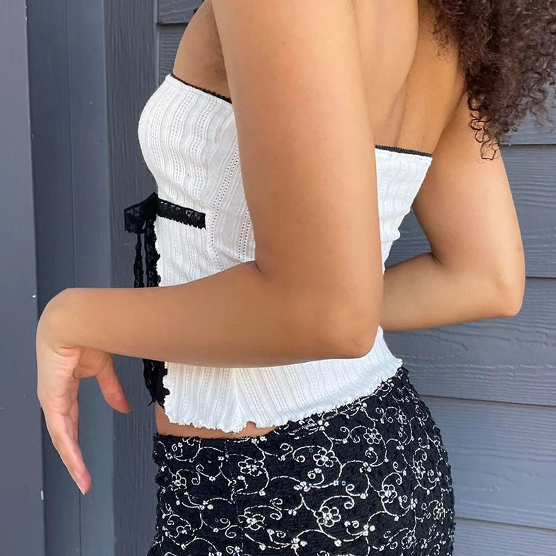 sweet Bow Crop Top Lace Patchwork Strapless Vests Sleeveless Slim Camis