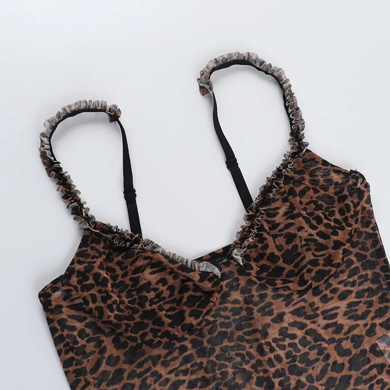 Leopard Print Camisole Mesh See Through Low-Neck Backless Ruffles Hem Street Tank Top