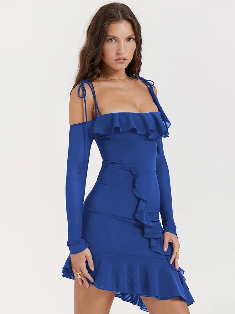 Strap One Line Neck Double Layer Long Sleeve Dress Slim Fit Ruffles Irregular Mini Dress