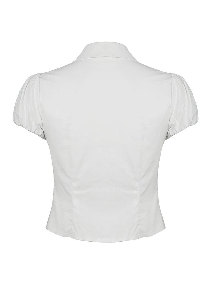 Tee Shirts Turn-down Collar Button Up Corset Blouses Short Sleeves Top