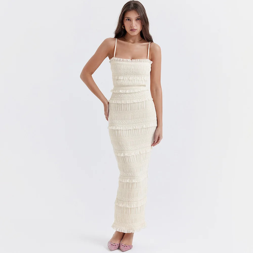 Maxi Spaghettt Strap Wed Bride Dress Formal Occasion Beige Slim Even Dress