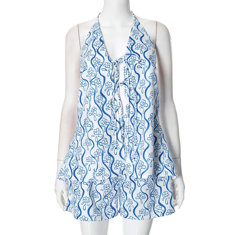 Hanging Neck Sleevele Strappy Hollow Out Top Short Set