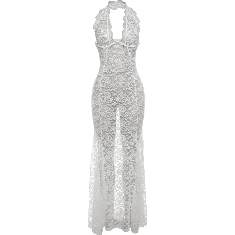 Lace Halter Dress Backless Sleeveless Hollow Wedding Dinner Bodycon