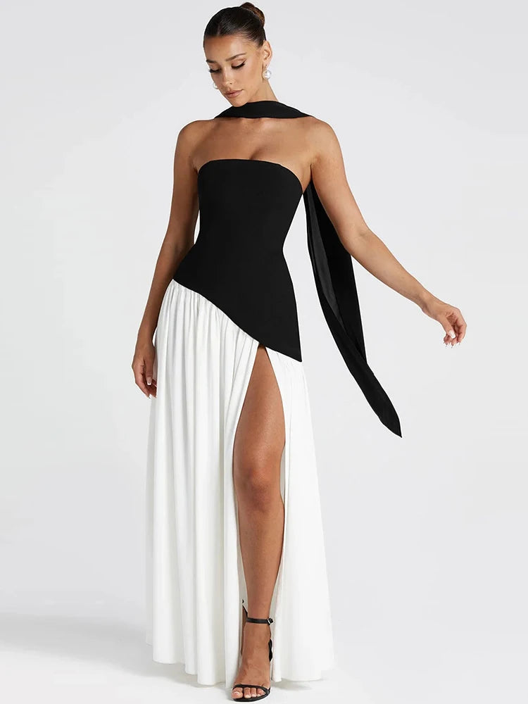 Backless Patchwork Dress Draped Side Slit Ribbon Strapless Sleeveless