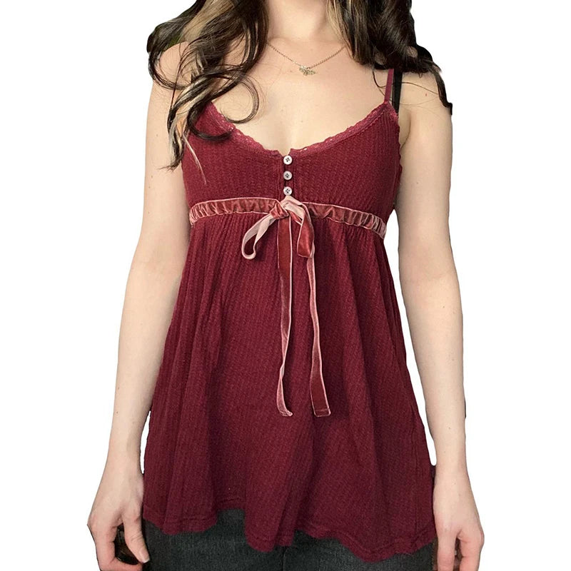 Bow Lace Camisoles Backless Red Top Sleeveless Buttons 's