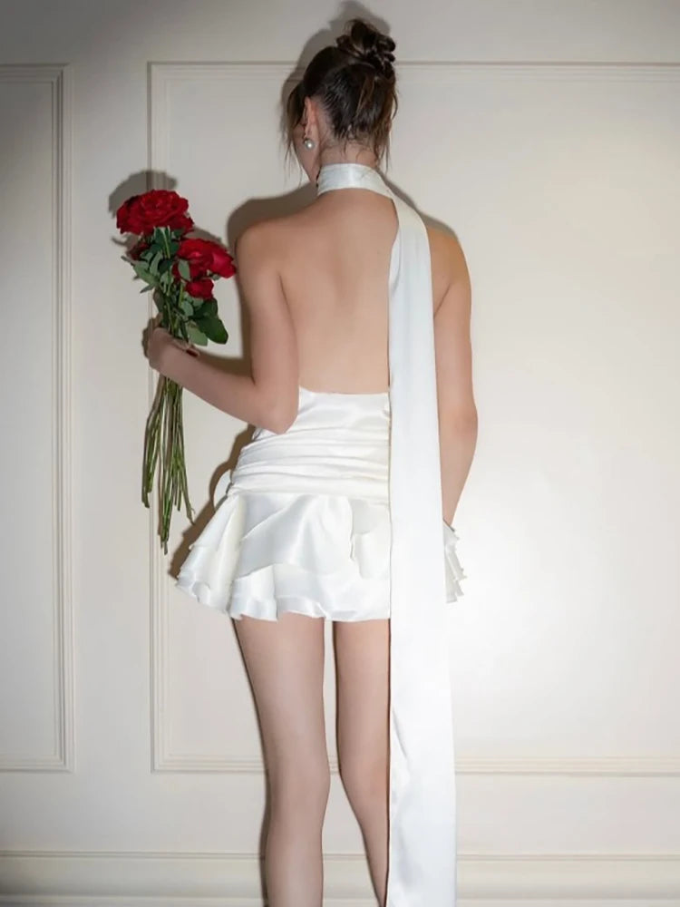White Satin Backless Mini Dress