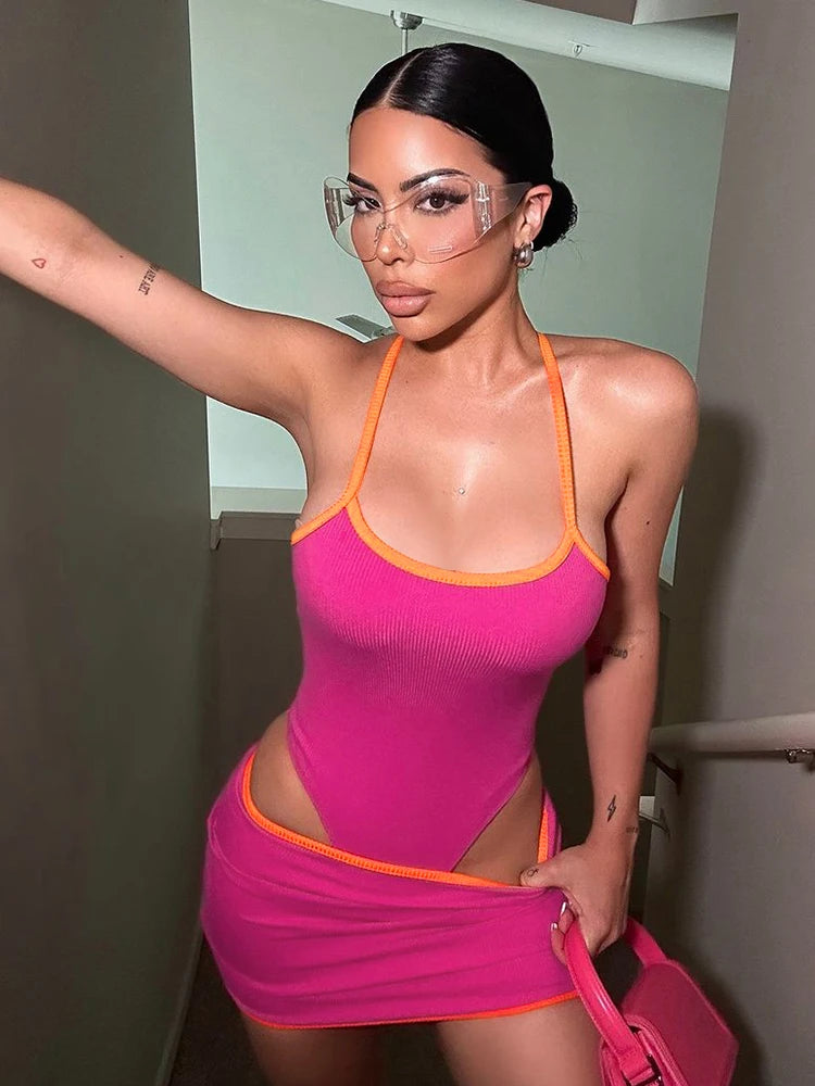 Ribbed Two Piece Set Stretch Backless Camisole Peach Hip Skirt Matching