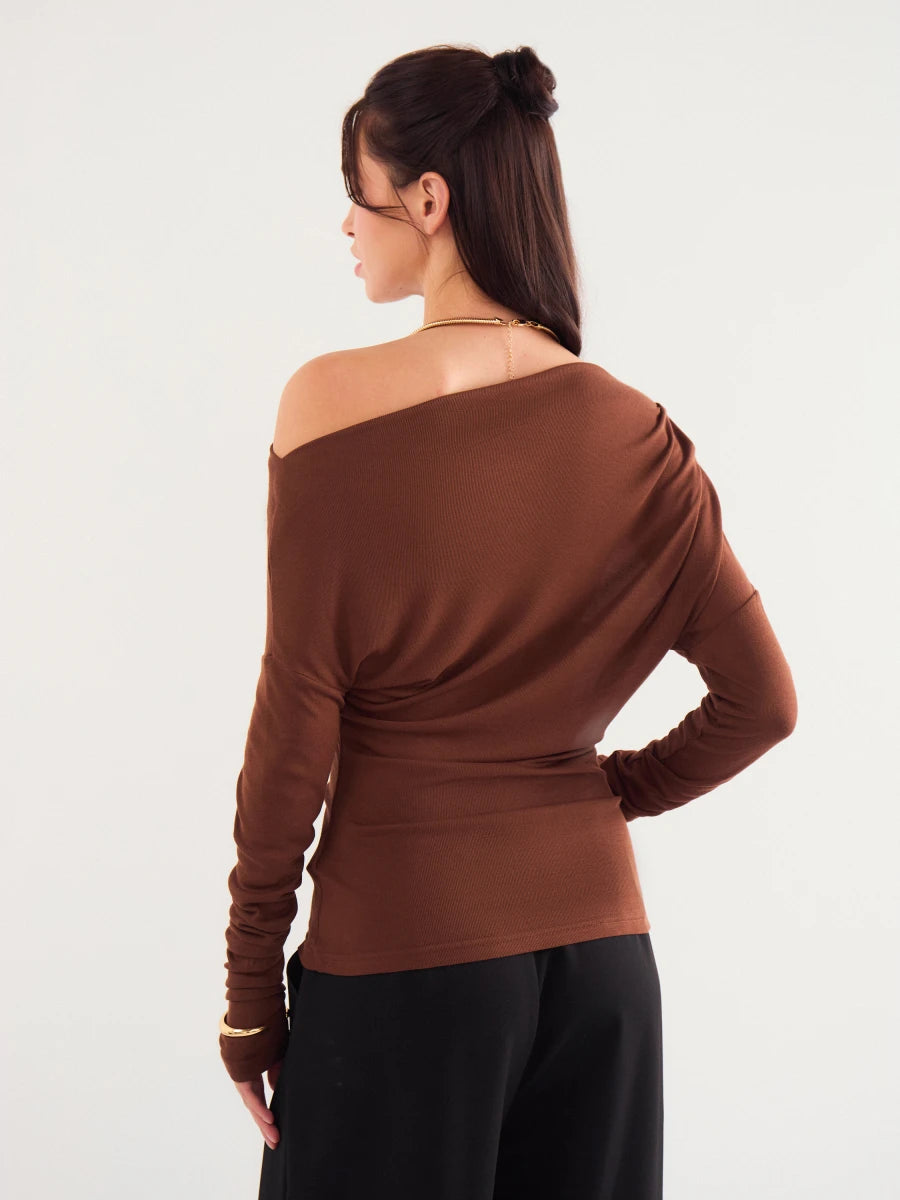 Slant Neck Off Shoulder Ruffle Wait Short Top T-Shirt Top