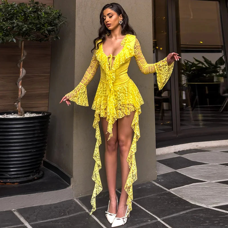 Spring 'S Dress Patchwork Lace Ribbon Ruffle Tie Rope Hollow Out Flare Long-Sleeved Mini Dress