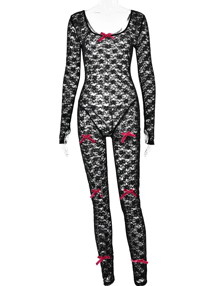 Lace Transparent Thin Solid Jumpsuit Long Sleeve Slim Fit Sheer Night Street Jumpsuit