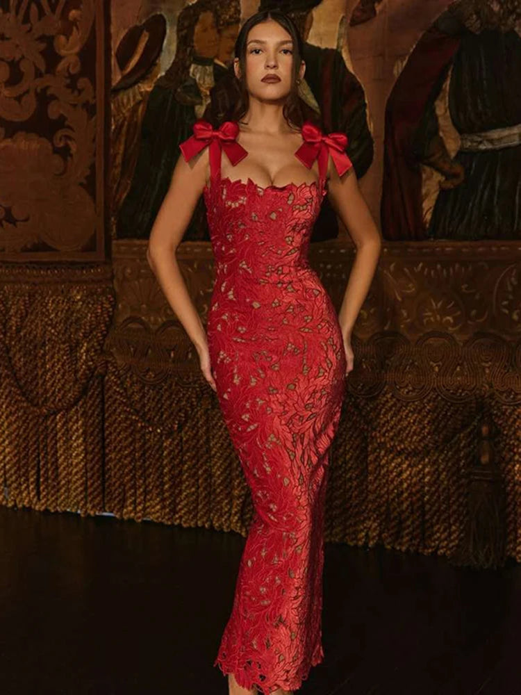 Bows Lace Maxi Dress Sleeveless Backless Bodycon Year Long Dress