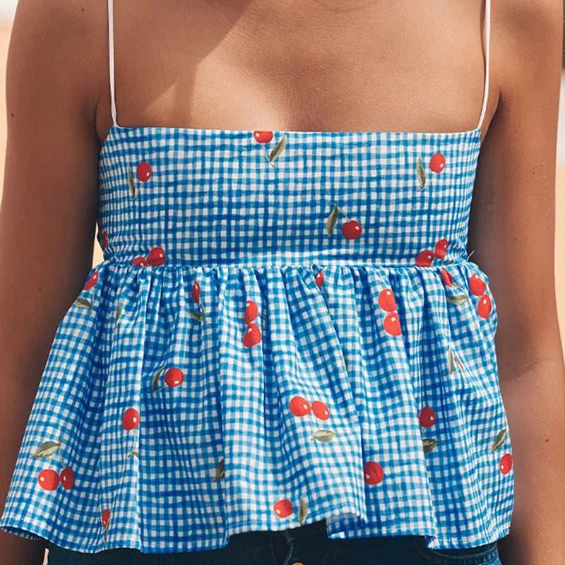 Fairycore Backless Tie Up Crop Tops Cherry Plaid Peplum Camisole Sweet Cute Milkmaid Tank Vest