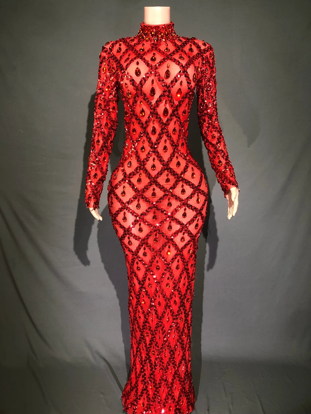 Sparkly Sequins Crystals Long Dress Prom Birthday Dress Transparent Performance Costume Show Stage Wear