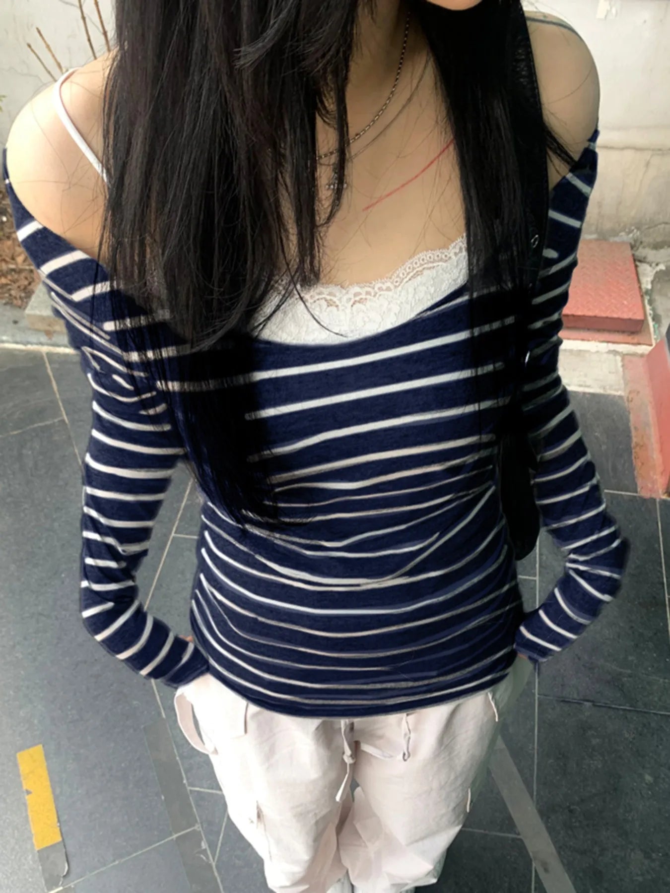 Strip Long Sleeve Tee Shirt Crewneck Slim