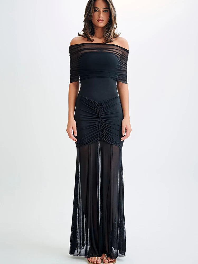 Off Shoulder Ruched Maxi Dress Apricot Backless High Waist Dress
