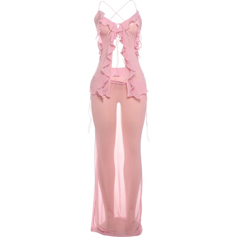 Mesh See Through Shirring Two Piece Set Irregular Ruffles Backless Top Long Skirt