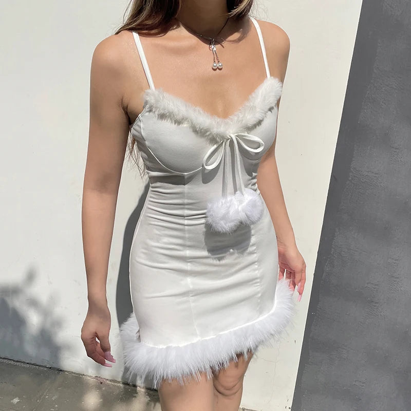 Strap Sleeveless Dress A-Line sweet White Mini V-Neck Lace-up Hairball Dress