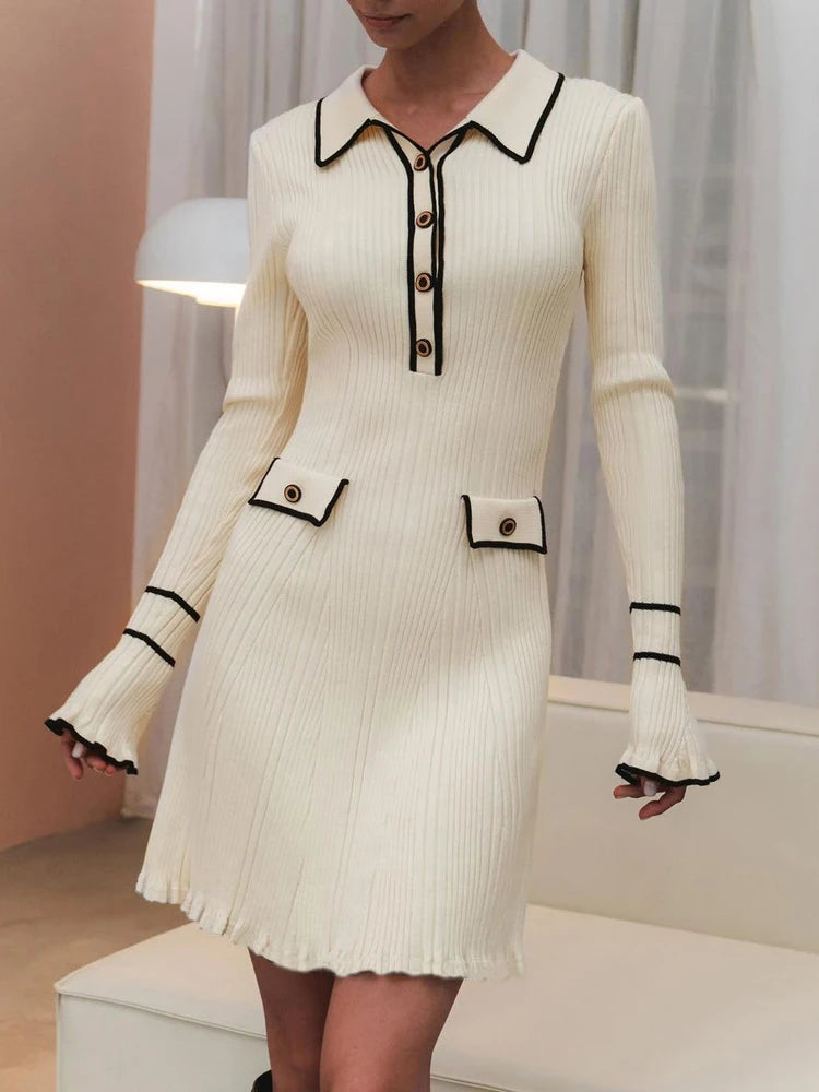 Ruffled Patchwork Knit Maxi Dress Ribbed Long Sleeve Dress Gown Slim Knit Long Dress