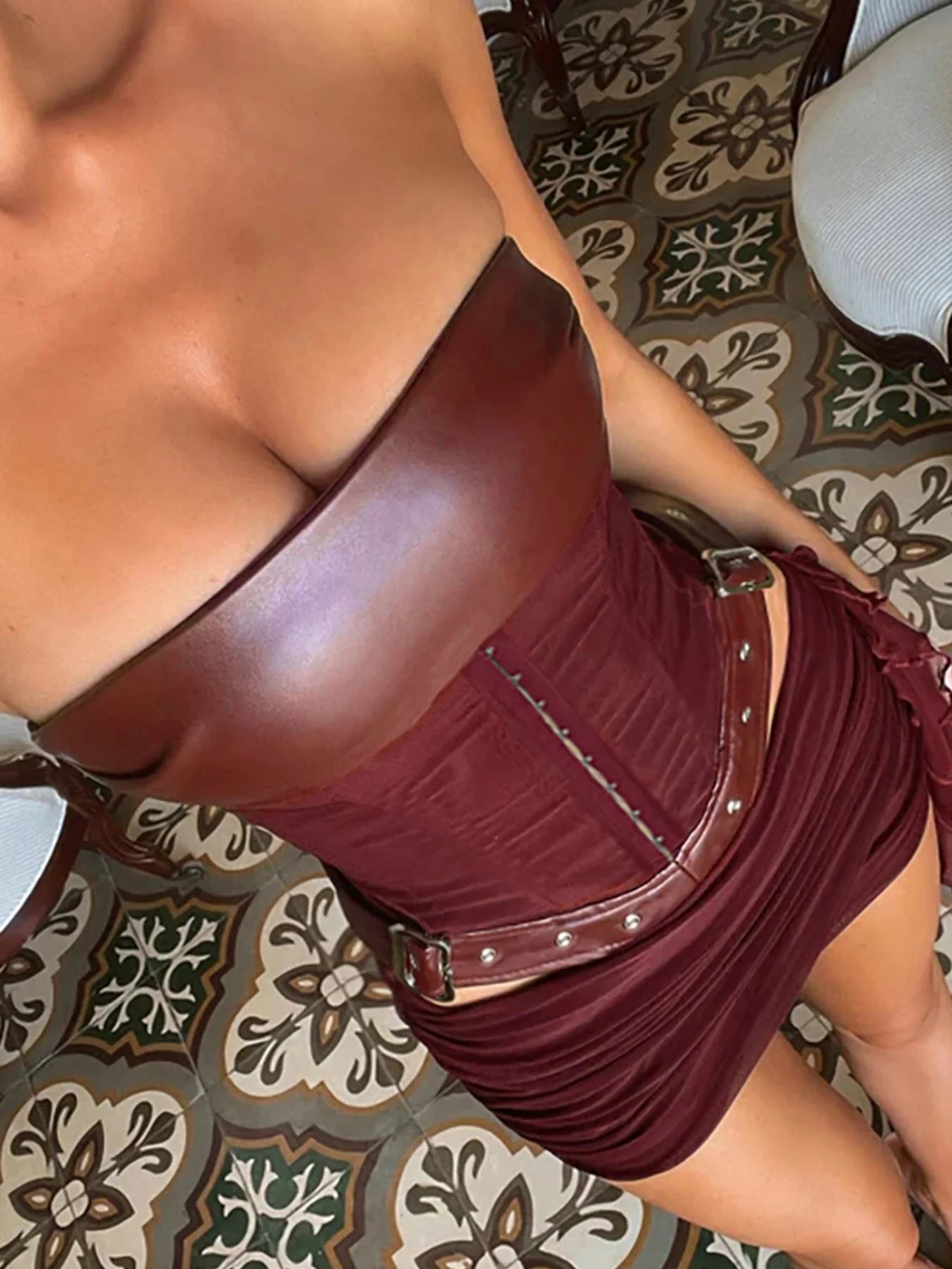 Backless Wine Two Pieces of Sets Harajuku Vest and Mini Skirts Lace Up