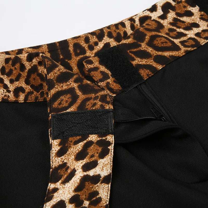Leopard Print Patchwork Flare Pants Low Waisted 's Bottoms Retro Trousers