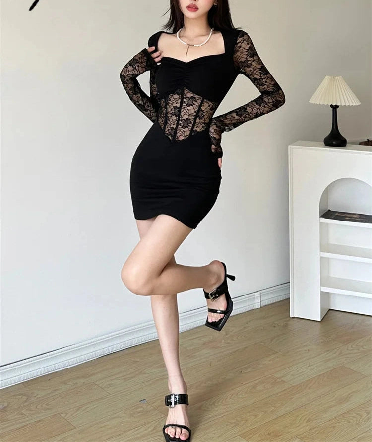 Black Mysterious Lace Stitching Mature Fishbone Beautiful Sweet Gentle Long Sleeve Hip Short Dress