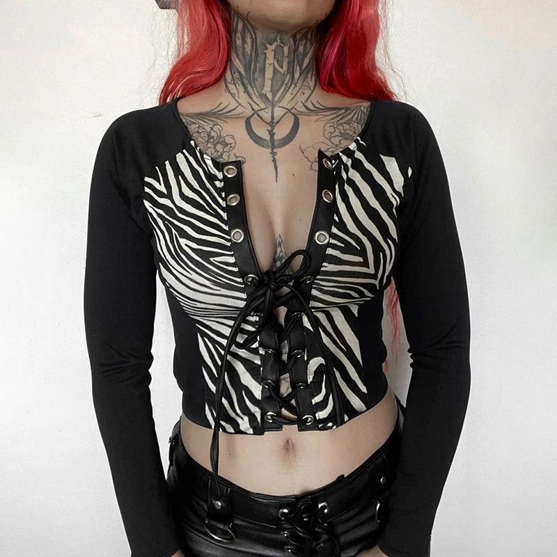 Round Neck Splicing Lace-Up Tie Skeleton Hollow Long Sleeve Top